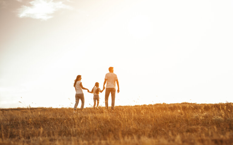 Back view of lovely family holding hands enjoying sun lights in filed during walk