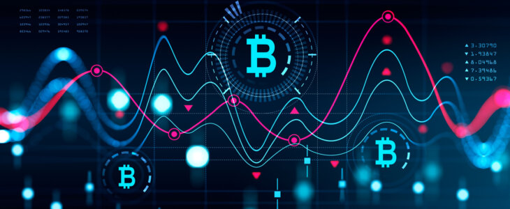 "Digital financial graph showing Bitcoin's price fluctuations with multiple data points, lines, and charts in a futuristic design."