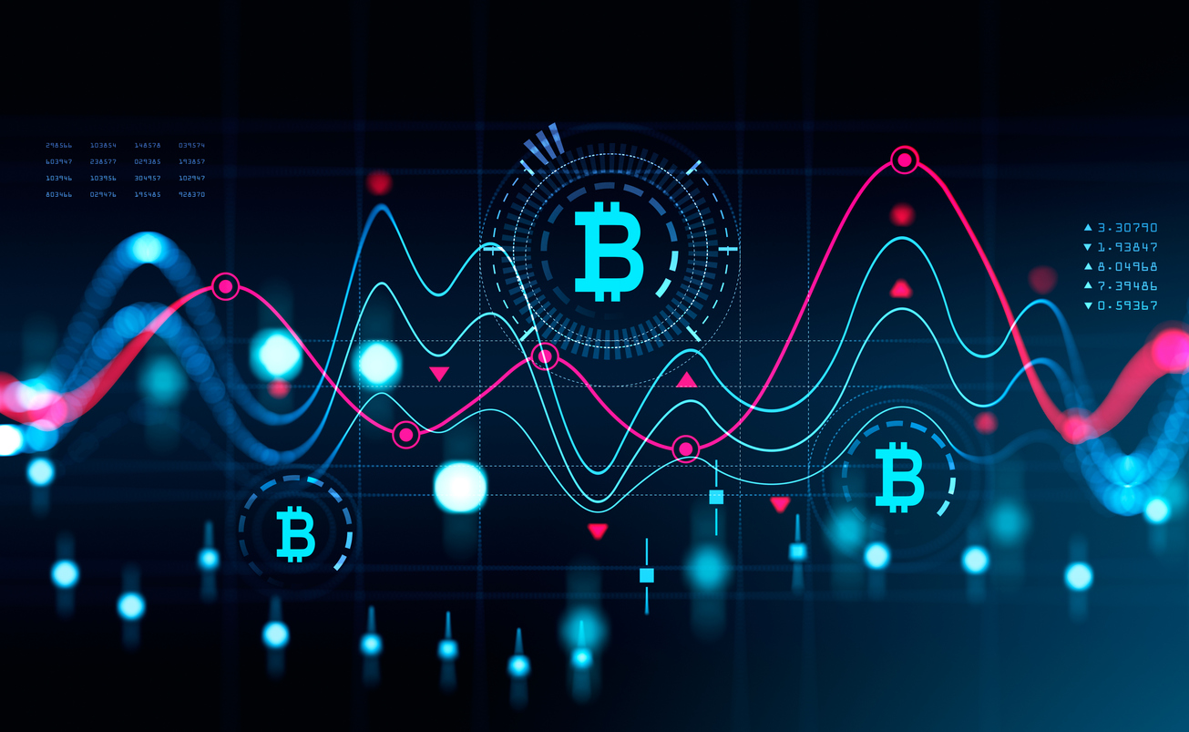 "Digital financial graph showing Bitcoin's price fluctuations with multiple data points, lines, and charts in a futuristic design."