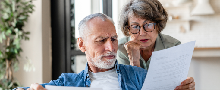 Elderly couple reviewing documents together at home.