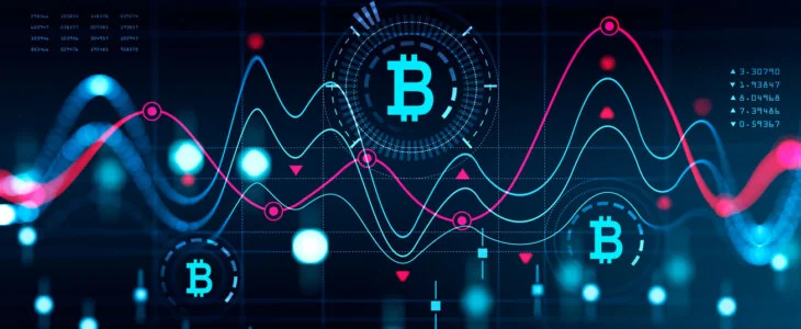 "Digital financial graph showing Bitcoin's price fluctuations with multiple data points, lines, and charts in a futuristic design."